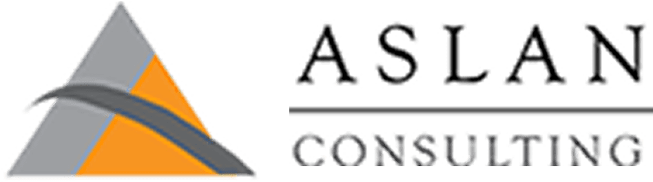 Logo of Aslan Consulting featuring a triangle with gray and orange sections on the left and the company name in black text on the right.