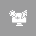 icon (1) A computer monitor with code symbols, a gear, and a rocket icon, indicating software development and project launch.