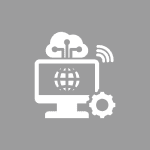 icon (2) Gray icon depicting a computer with a globe, cloud, signal lines, and a gear, symbolizing technology or internet connectivity.